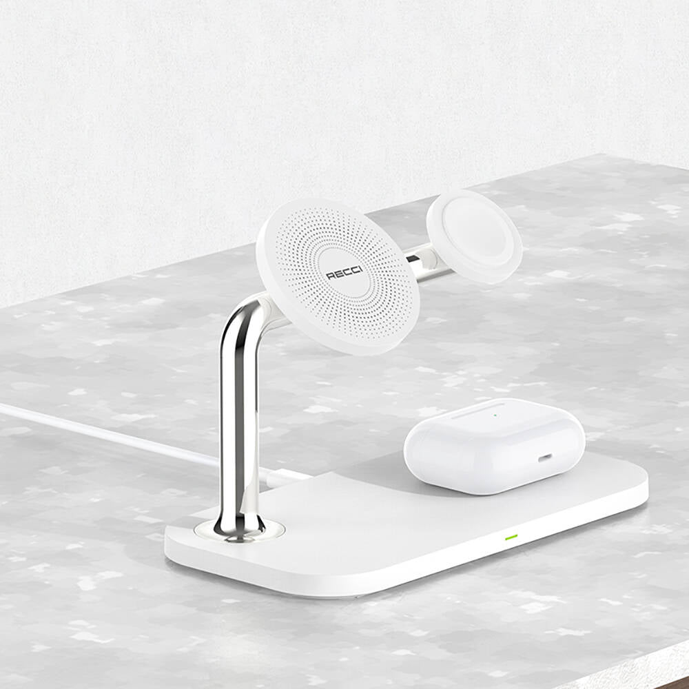 Recci RCW-20 Prestige Serisi 3in1 M-safe 15W Hızlı Şarj Özellikli Magnetik Kablosuz Şarj Standı Beyaz