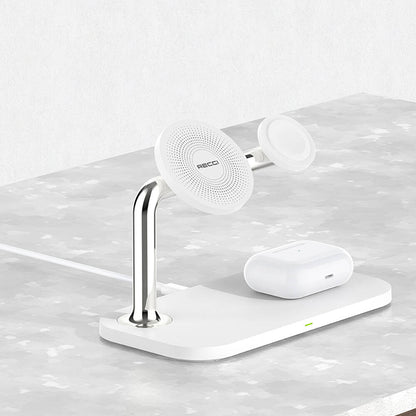 Recci RCW-20 Prestige Serisi 3in1 M-safe 15W Hızlı Şarj Özellikli Magnetik Kablosuz Şarj Standı Beyaz