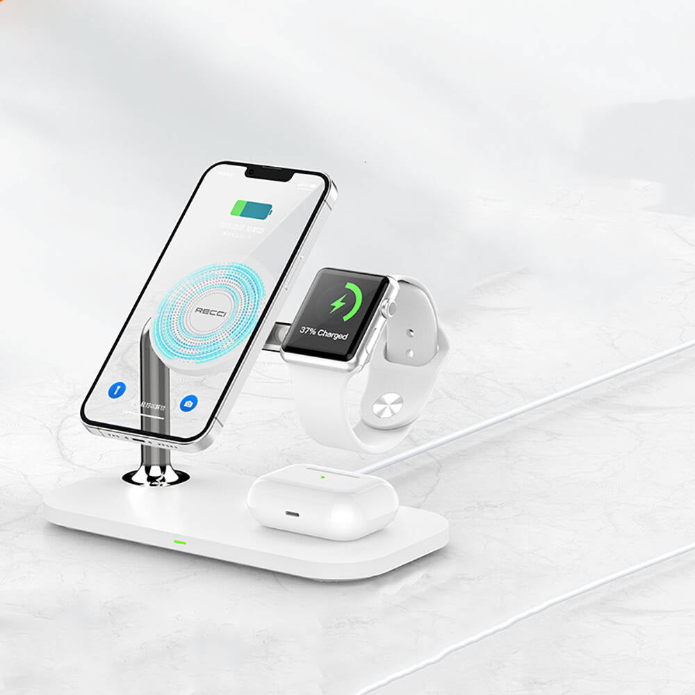 Recci RCW-20 Prestige Serisi 3in1 M-safe 15W Hızlı Şarj Özellikli Magnetik Kablosuz Şarj Standı Beyaz