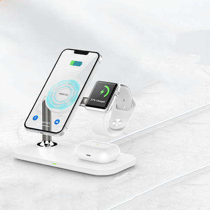 Recci RCW-20 Prestige Serisi 3in1 M-safe 15W Hızlı Şarj Özellikli Magnetik Kablosuz Şarj Standı Beyaz