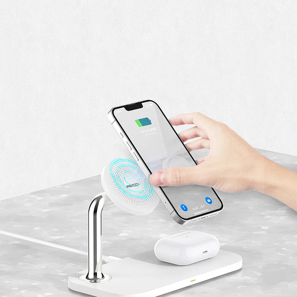 Recci RCW-20 Prestige Serisi 3in1 M-safe 15W Hızlı Şarj Özellikli Magnetik Kablosuz Şarj Standı Beyaz
