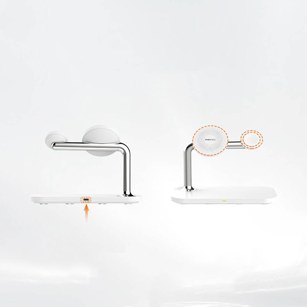 Recci RCW-20 Prestige Serisi 3in1 M-safe 15W Hızlı Şarj Özellikli Magnetik Kablosuz Şarj Standı Beyaz