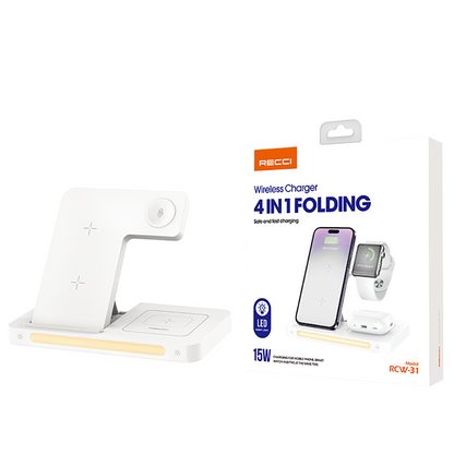 Recci RCW-31 4in1 M-safe 15W Hızlı Şarj Özellikli LED Işıklı Magnetik Kablosuz Şarj Standı Beyaz