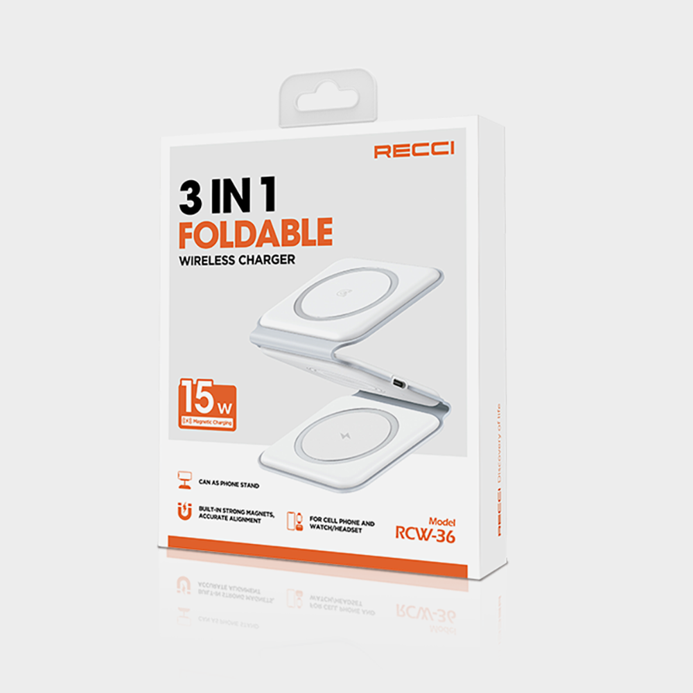 Recci RCW-36 3in1 Katlanabilir Magnetik Kablosuz Şarj Standı Beyaz