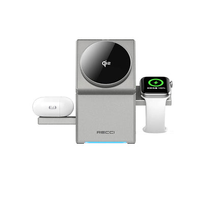 Recci RCW-47 Geometry Serisi Qi2 Şarj Teknolojili Rubik Küp Ambiyans Işıklı Telefon&Akıllı Saat&Kulaklık 15W 3in1 Kablosuz Şarj Standı Gri