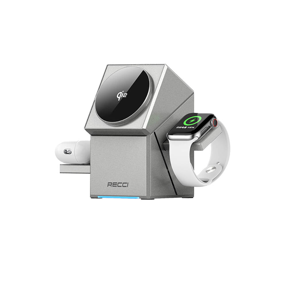 Recci RCW-47 Geometry Serisi Qi2 Şarj Teknolojili Rubik Küp Ambiyans Işıklı Telefon&Akıllı Saat&Kulaklık 15W 3in1 Kablosuz Şarj Standı Gri