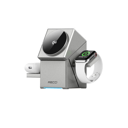 Recci RCW-47 Geometry Serisi Qi2 Şarj Teknolojili Rubik Küp Ambiyans Işıklı Telefon&Akıllı Saat&Kulaklık 15W 3in1 Kablosuz Şarj Standı Gri