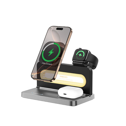 Recci RCW-49 Ambiyans Işıklı Telefon&Akıllı Saat&Kulaklık 15W 4in1 Kablosuz Şarj Standı Siyah