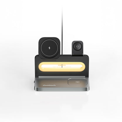 Recci RCW-49 Ambiyans Işıklı Telefon&Akıllı Saat&Kulaklık 15W 4in1 Kablosuz Şarj Standı Siyah