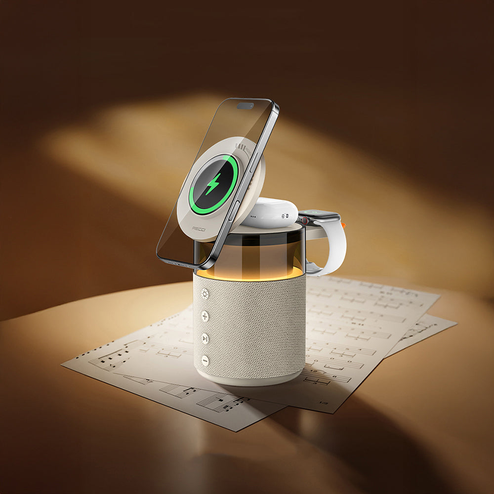 Recci RCW-51 Kablosuz Şarj Standı Ambiyans Işıklı Bluetooth Speaker Hoparlör Özellikli Siyah