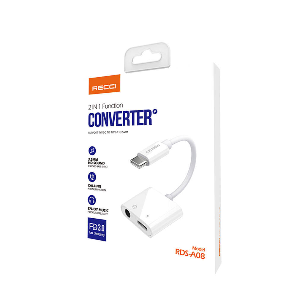 Recci RDS-A08 Type-C PD 3.0 2in1 Şarj ve Ses Adaptörü Beyaz
