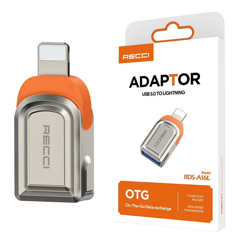 Recci RDS-A16L Ultra Hızlı Veri Aktarıcı Adaptör USB 3.0 to Lightning OTG Gri