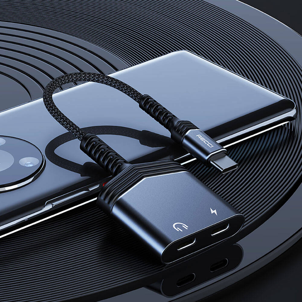 Recci RDS-A20 Type-C PD60W 2in1 Şarj ve Ses Adaptörü Gri