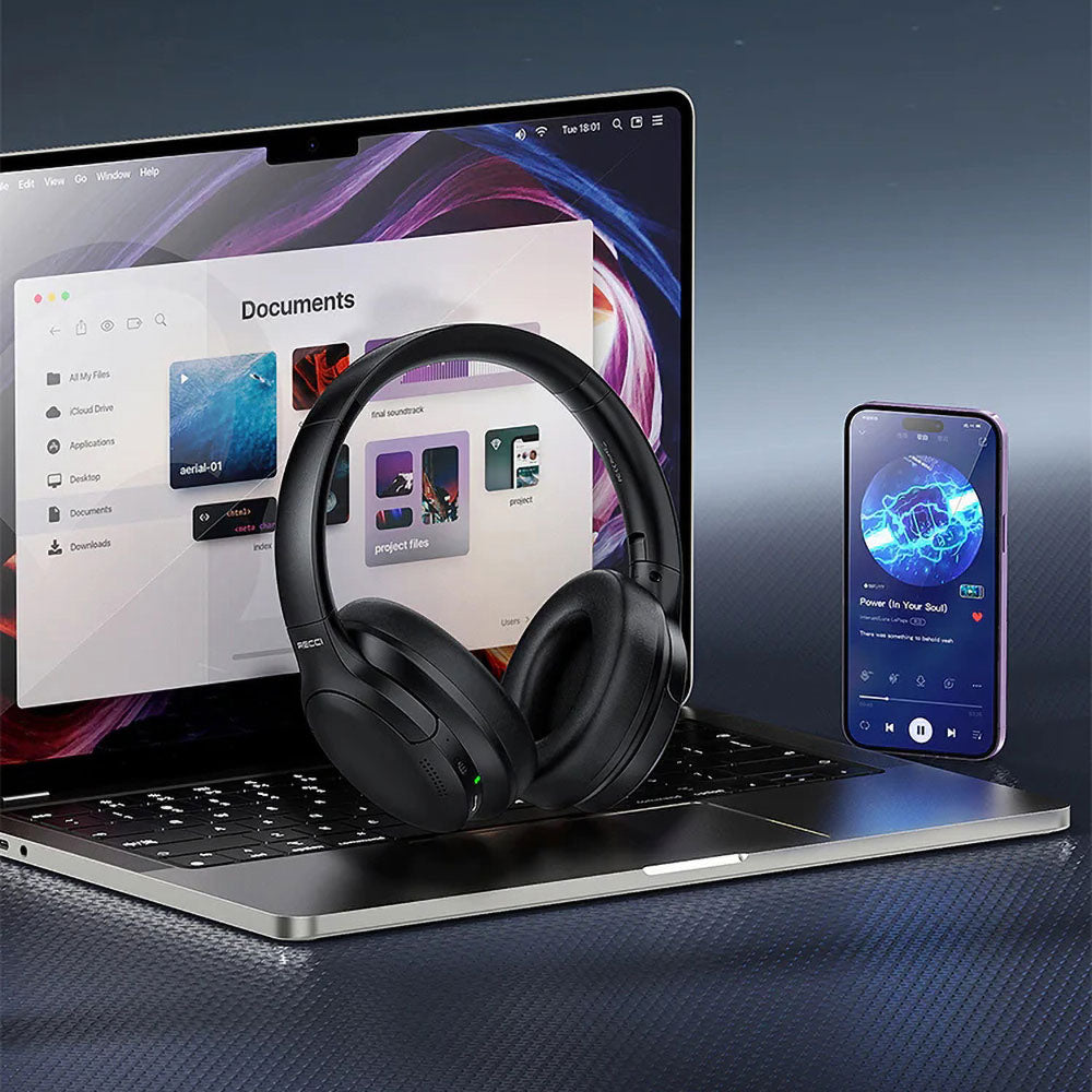 Recci REP-W59 Baron Serisi ANC Özellikli FM Destekli Ayarlanabilir Kulak Üstü Bluetooth Kulaklık Siyah