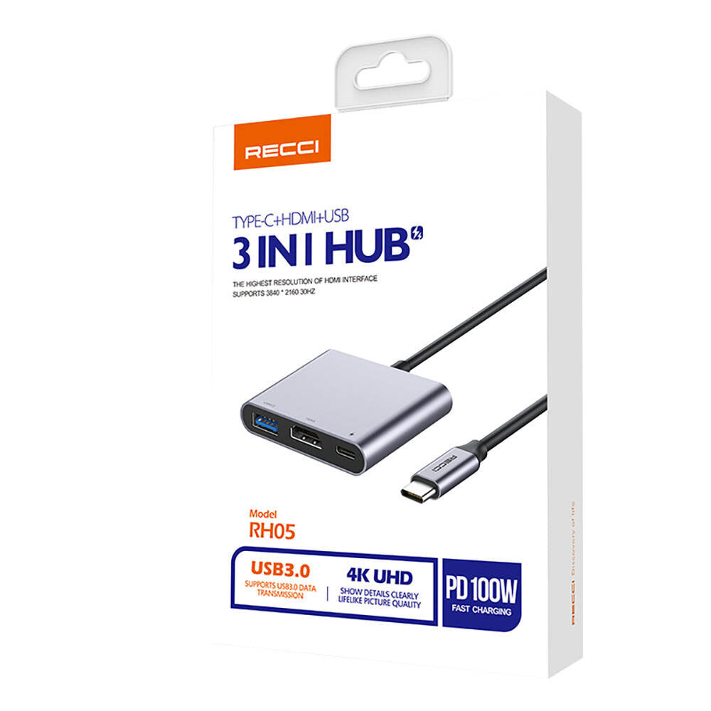 Recci RH05 Type-C to Type-C PD100W + HDMI 4K@30Hz + USB3.0 Bağlantı Özellikli 3in1 Hub Gri