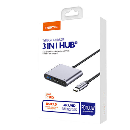 Recci RH05 Type-C to Type-C PD100W + HDMI 4K@30Hz + USB3.0 Bağlantı Özellikli 3in1 Hub Gri