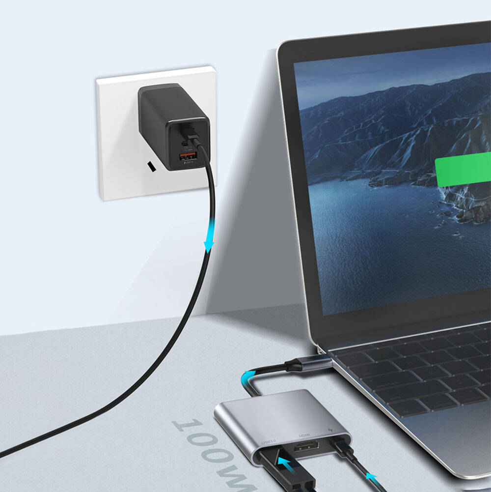 Recci RH05 Type-C to Type-C PD100W + HDMI 4K@30Hz + USB3.0 Bağlantı Özellikli 3in1 Hub Gri