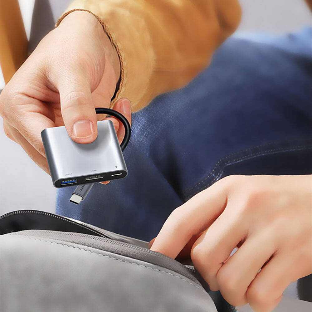 Recci RH05 Type-C to Type-C PD100W + HDMI 4K@30Hz + USB3.0 Bağlantı Özellikli 3in1 Hub Gri