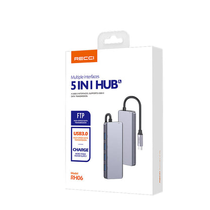 Recci RH06 Type-C to 4 USB3.0 + Micro Bağlantı Özellikli 5in1 USB Çoğaltıcı Hub Gri