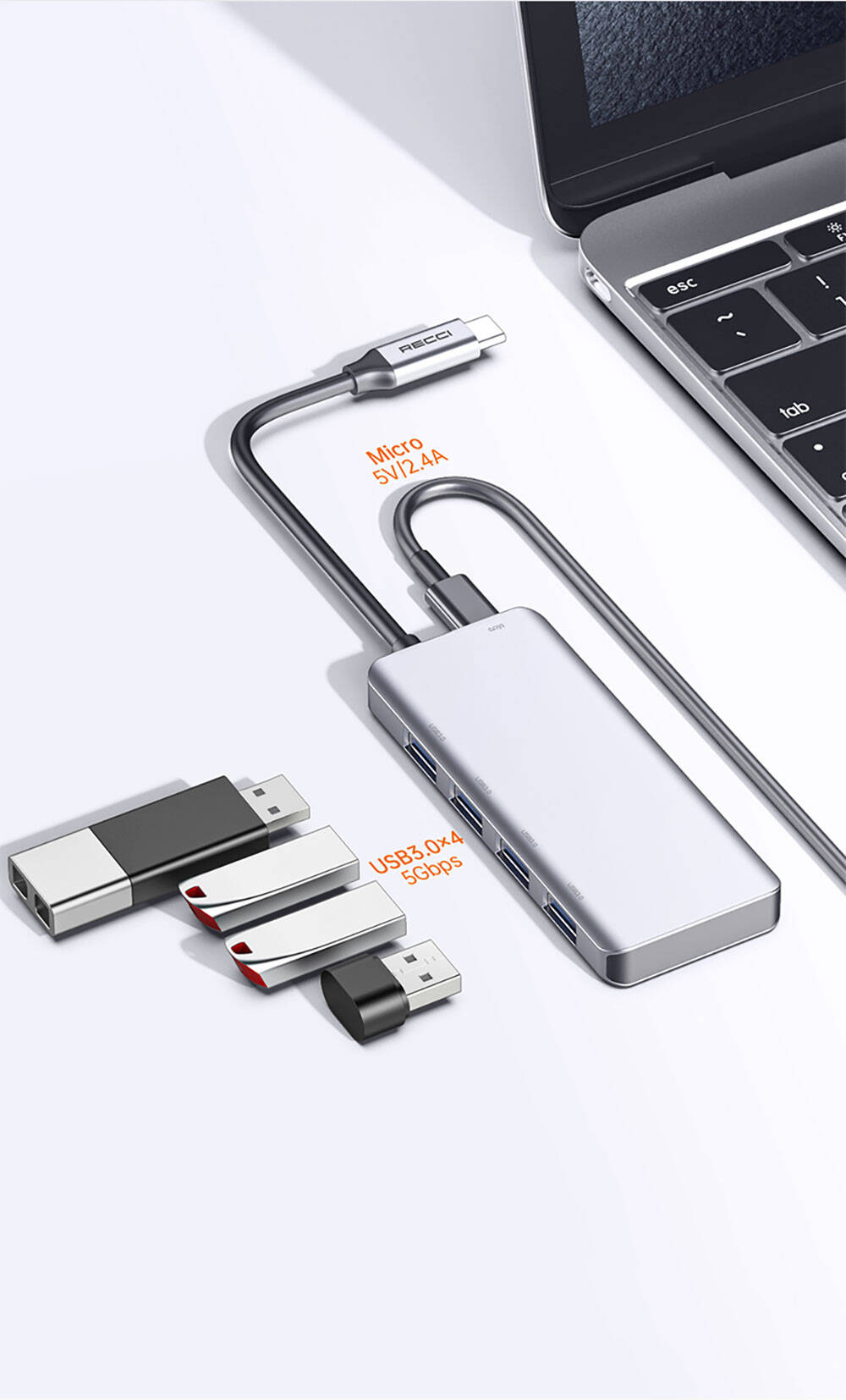 Recci RH06 Type-C to 4 USB3.0 + Micro Bağlantı Özellikli 5in1 USB Çoğaltıcı Hub Gri