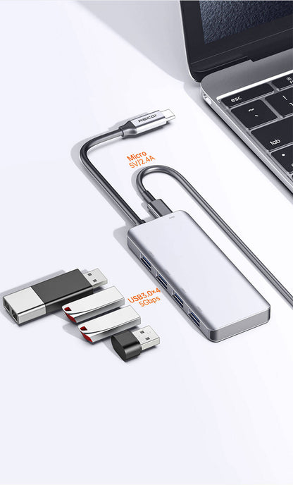 Recci RH06 Type-C to 4 USB3.0 + Micro Bağlantı Özellikli 5in1 USB Çoğaltıcı Hub Gri