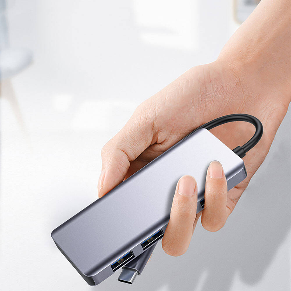 Recci RH06 Type-C to 4 USB3.0 + Micro Bağlantı Özellikli 5in1 USB Çoğaltıcı Hub Gri