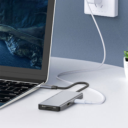 Recci RH07 7 in 1 Type-C Hub PD 100W Şarj Destekli SD Kart-HDMI-USB Çoğaltıcı Kablo 120mm Gri
