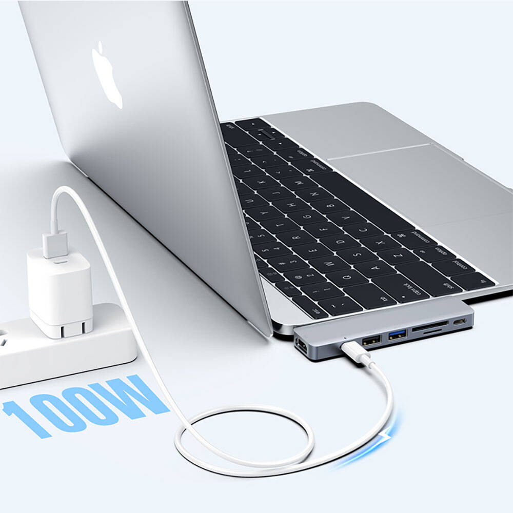 Recci RH08 Type-C to Type-C + SD/TF + USB3.0 + USB2.0 + HDMI + Thunderbolt 3 Bağlantılı 7in2 Hub Gri