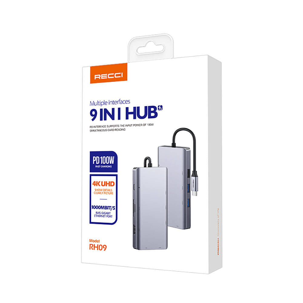 Recci RH09 Type-C to Type-C + SD/TF + USB3.0 + USB2.0 + HDMI + VGA + RJ45 Bağlantılı 9in1 Hub Gri