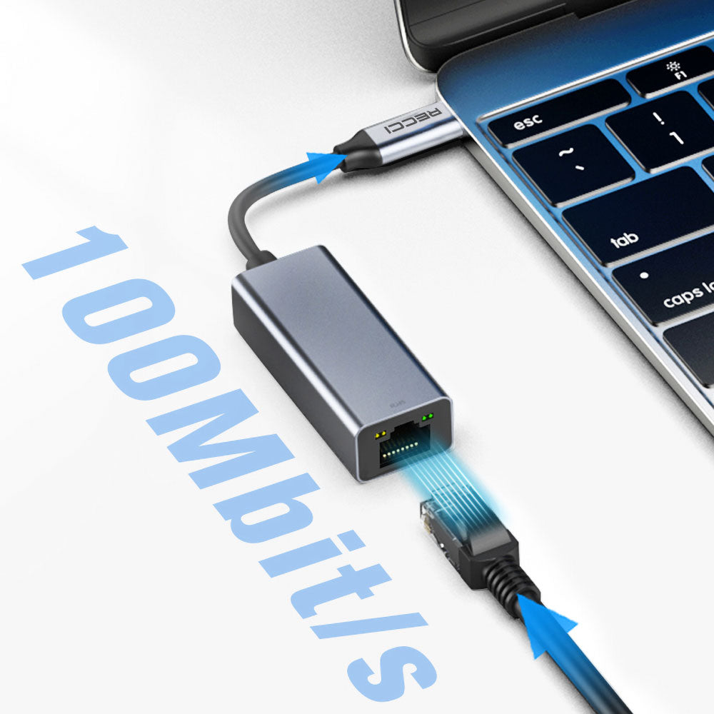 Recci RH10 RJ45 to Type-C Ethernet Dönüştürücü Kablo 100Mbps 80mm Gri