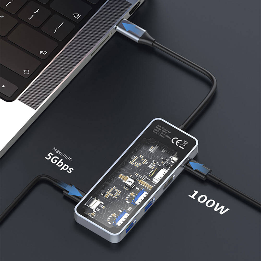 Recci RH16 Type-C to Type-C PD100W + USB3.0 + HDMI + Type-C Bağlantılı 5in1 Hub Gri