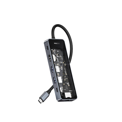 Recci RH17 Type-C to Type-C PD100W + USB3.0 + HDMI + Type-C + RJ45 Bağlantılı 6in1 Hub Gri