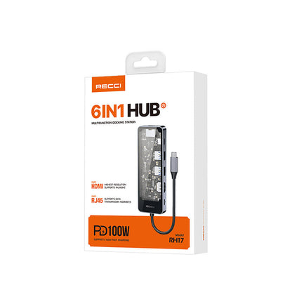 Recci RH17 Type-C to Type-C PD100W + USB3.0 + HDMI + Type-C + RJ45 Bağlantılı 6in1 Hub Gri