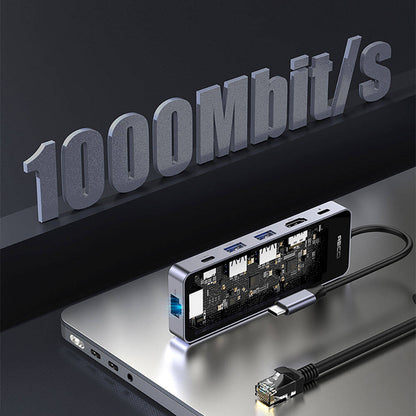 Recci RH17 Type-C to Type-C PD100W + USB3.0 + HDMI + Type-C + RJ45 Bağlantılı 6in1 Hub Gri