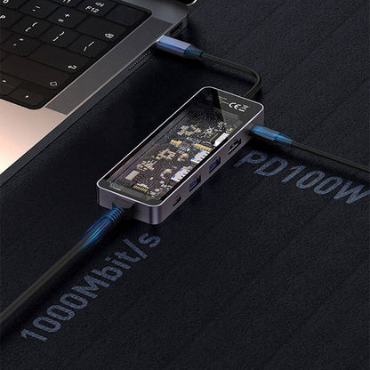 Recci RH17 Type-C to Type-C PD100W + USB3.0 + HDMI + Type-C + RJ45 Bağlantılı 6in1 Hub Gri