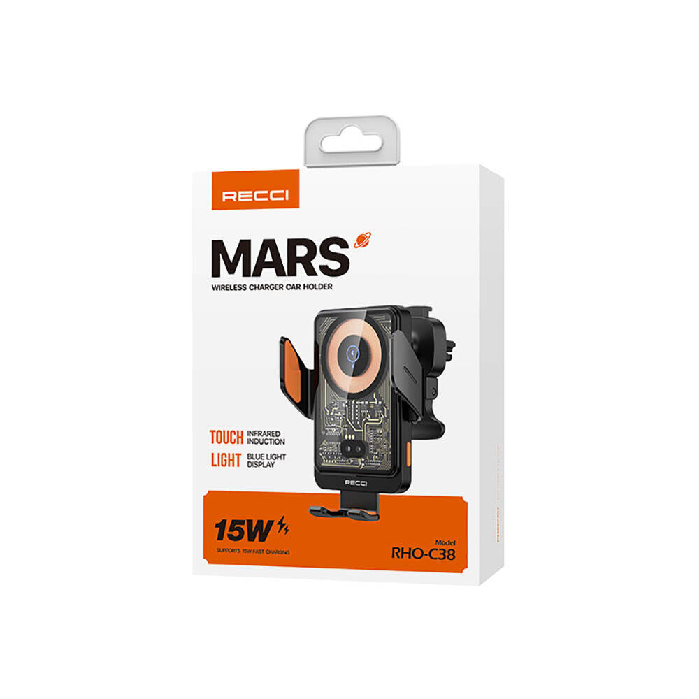 Recci RHO-C38 Mars Serisi M-safe Şarj Özellikli Mavi Işık Göstergeli Araç Telefon Tutucu Siyah