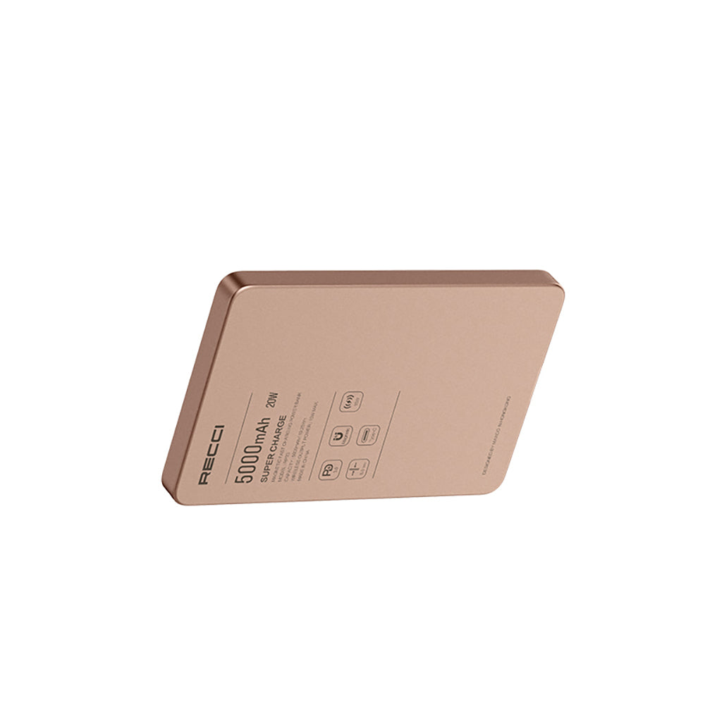 Recci RP33 PD 20W Ultra İnce Led Göstergeli Hızlı Şarj Özellikli Wireless Powerbank 15W 5000mAh Gold