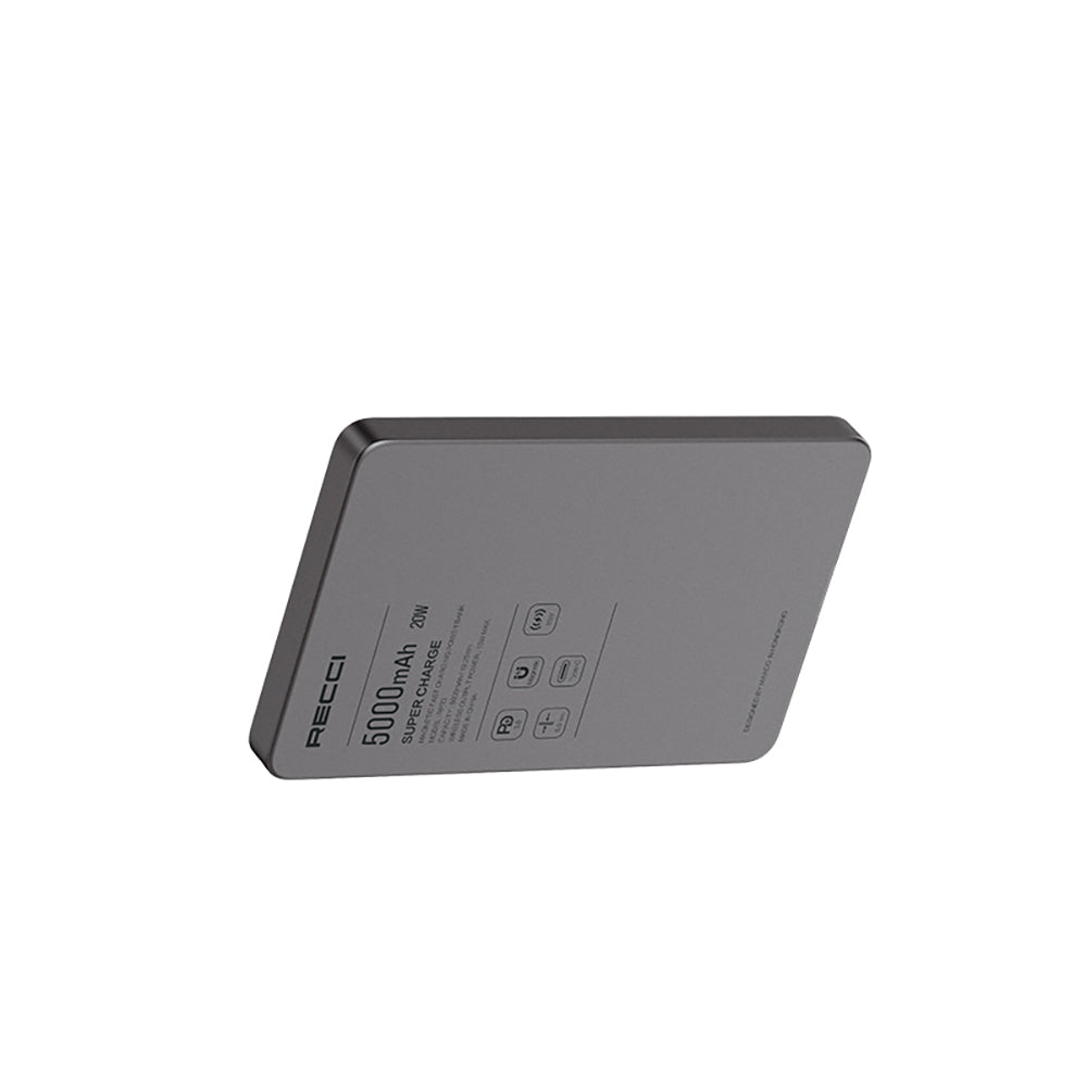 Recci RP33 PD 20W Ultra İnce Led Göstergeli Hızlı Şarj Özellikli Wireless Powerbank 15W 5000mAh Gri