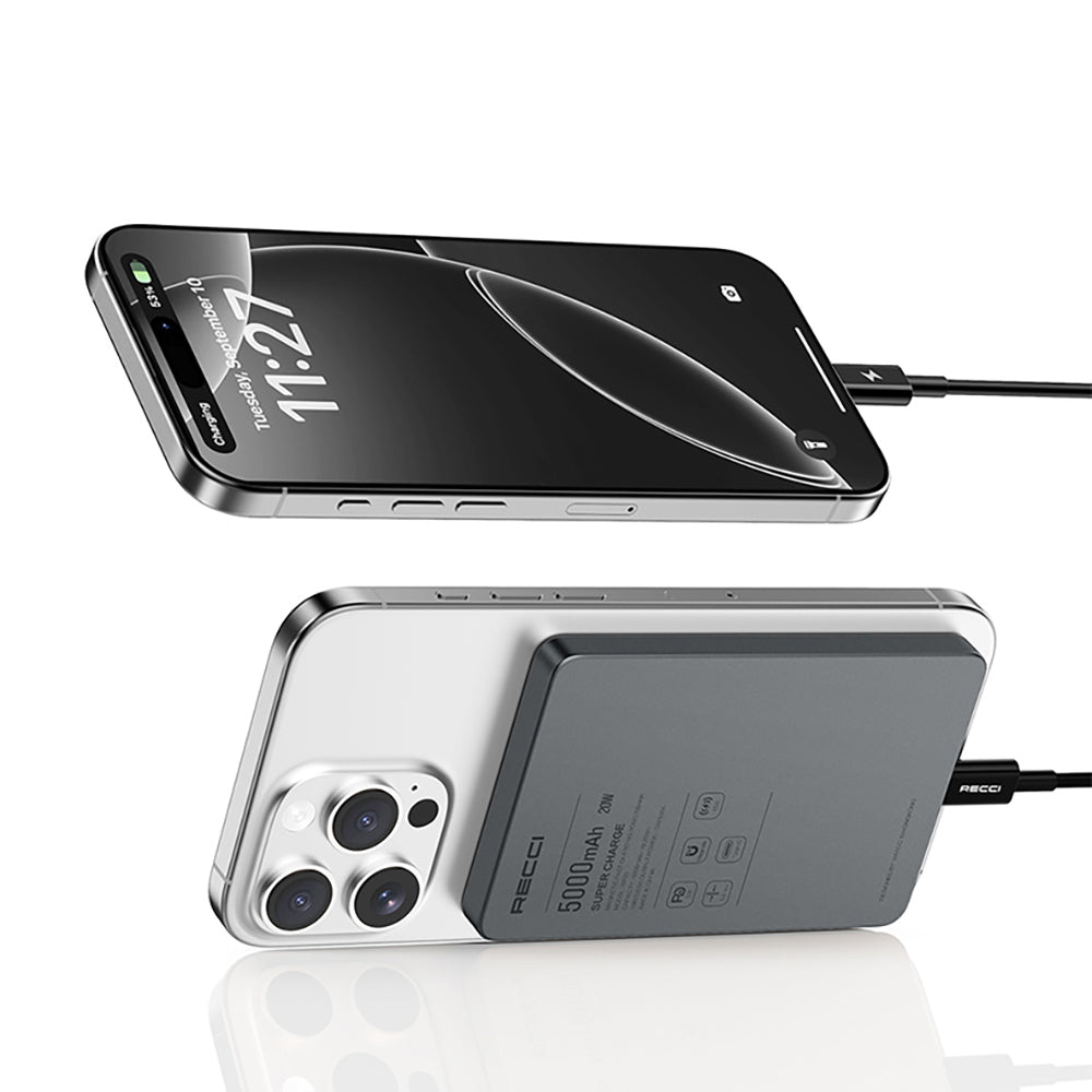 Recci RP33 PD 20W Ultra İnce Led Göstergeli Hızlı Şarj Özellikli Wireless Powerbank 15W 5000mAh Gri