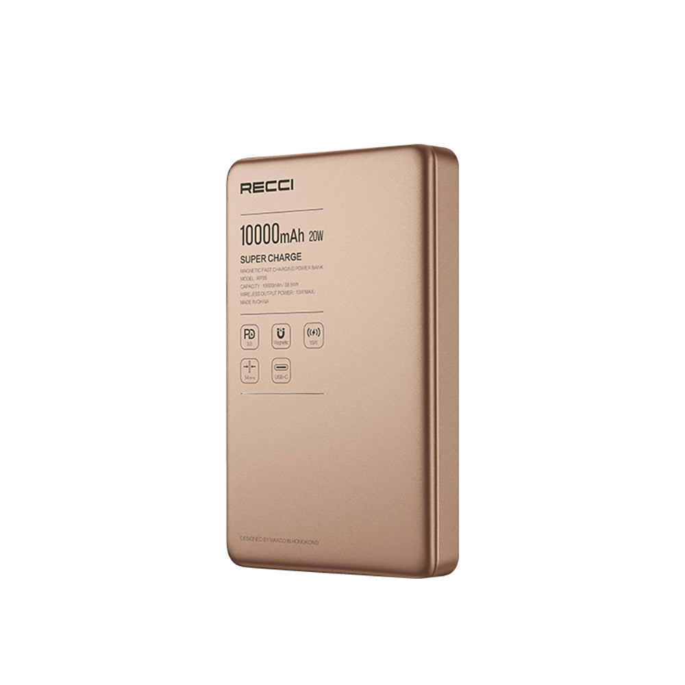 Recci RP35 PD 20W Led Göstergeli Hızlı Şarj Özellikli Wireless Powerbank 15W 10000mAh Gold