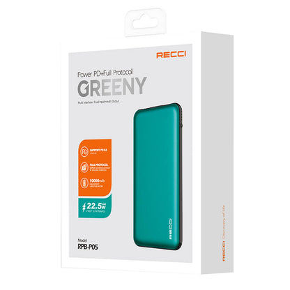 Recci RPB-P05 Greeny Serisi LED Işık Göstergeli Hızlı Şarj Özellikli Taşınabilir Powerbank 22.5W 10000mAh Yeşil