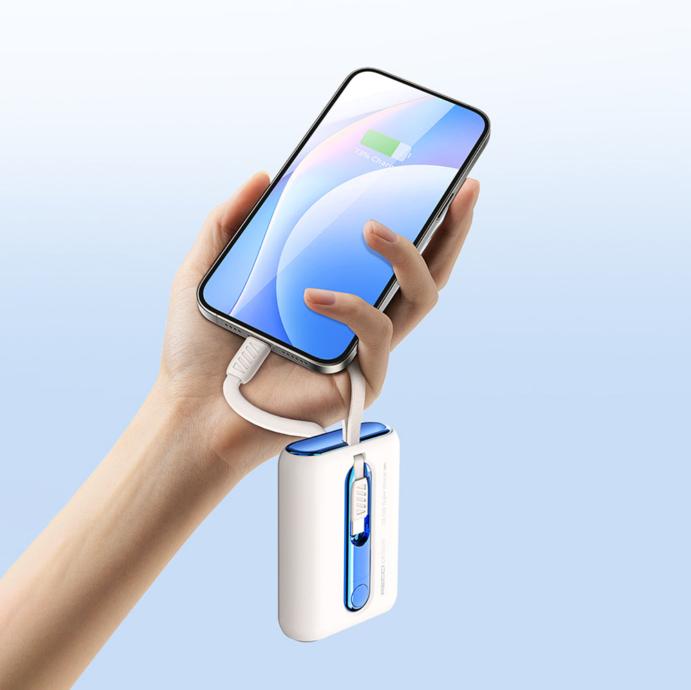 Recci RPB-P12C PD 20W Askı İpli Hızlı Şarj Özellikli Type-C Kablolu Powerbank 22.5W 10.000mAh Bej