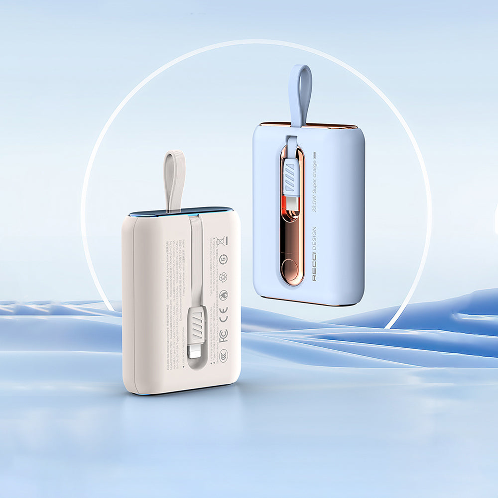 Recci RPB-P12C PD 20W Askı İpli Hızlı Şarj Özellikli Type-C Kablolu Powerbank 22.5W 10.000mAh Bej