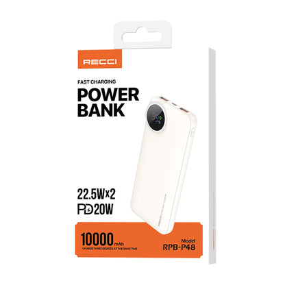 Recci RPB-P48 PD 20W Dijital LED Göstergeli Hızlı Şarj Özellikli Taşınabilir Powerbank 22.5W 10000mAh Krem