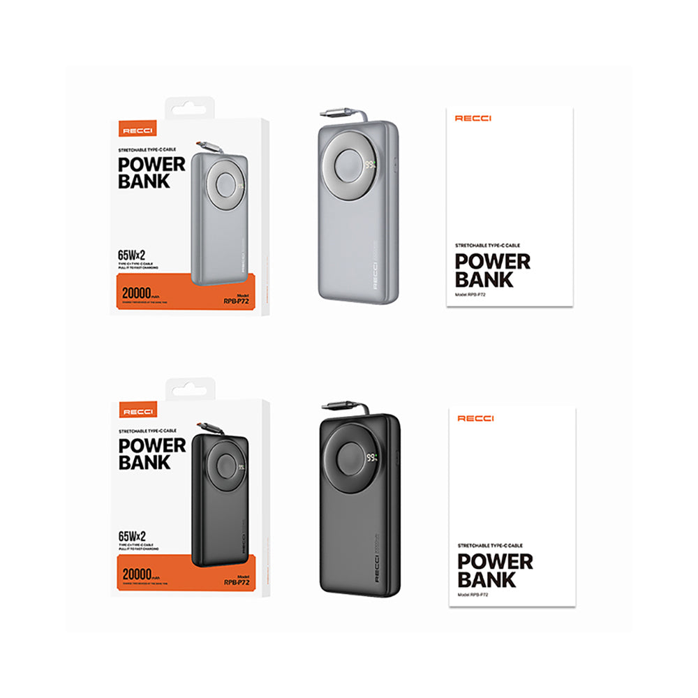 Recci RPB-P72 Hızlı Şarj Özellikli Type-C Kablolu Powerbank 65W 20.000mAh Siyah