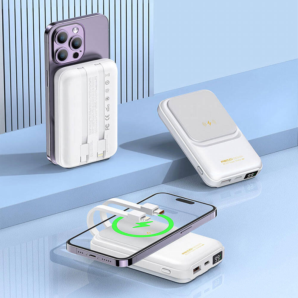 Recci RPB-W10 Polaris Serisi Çift Kablolu LED Dijital Göstergeli Wireless Powerbank 15W 10000mAh Beyaz