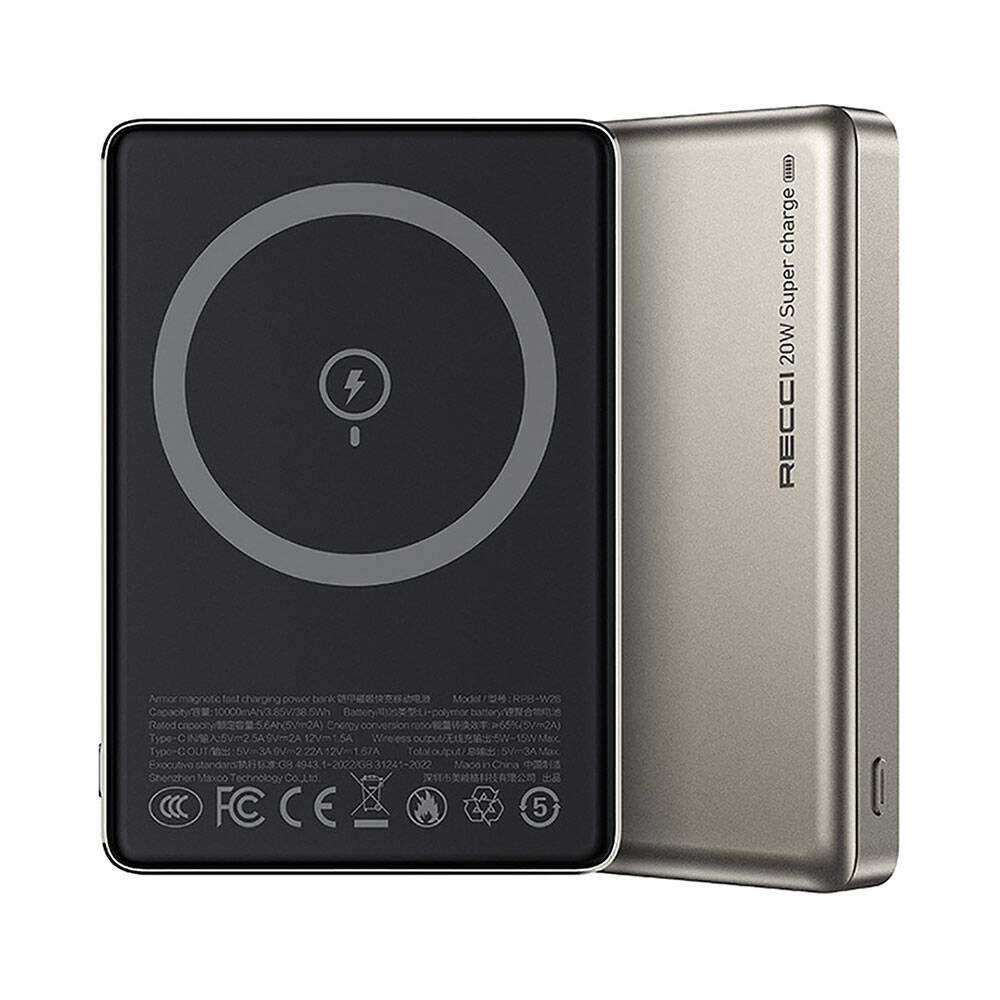 Recci RPB-W26 Armor Serisi Ultra İnce PD 20W Hızlı Şarj Özellikli Wireless Powerbank 15W 10000mAh Gri