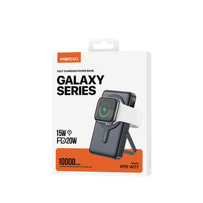 Recci RPB-W27 Galaxy Serisi Dijital LED Göstergeli Kablosuz Şarj Özellikli Type-C ve Lightning Kablolu Powerbank 20W 10.000mAh Siyah