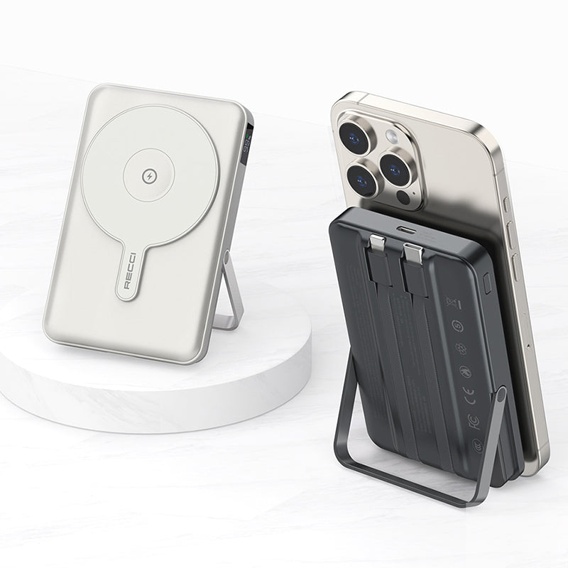 Recci RPB-W27 Galaxy Serisi Dijital LED Göstergeli Kablosuz Şarj Özellikli Type-C ve Lightning Kablolu Powerbank 20W 10.000mAh Gold