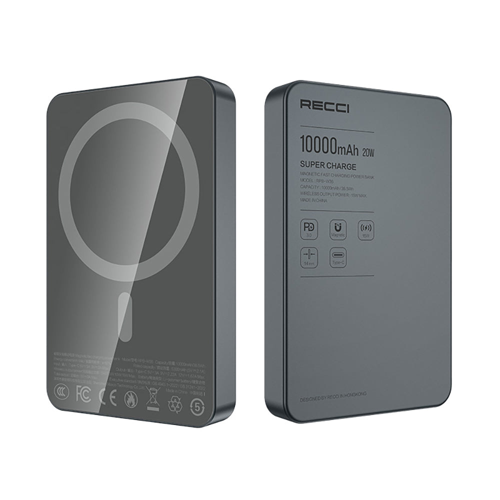 Recci RPB-W36 Ultra İnce PD 20W Hızlı Şarj Özellikli Wireless Powerbank 15W 10000mAh Gri